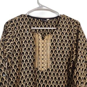 Blossom Casuals Black with Gold Embroidery Kurta with 3/4 Sleeves, Sequins, XL